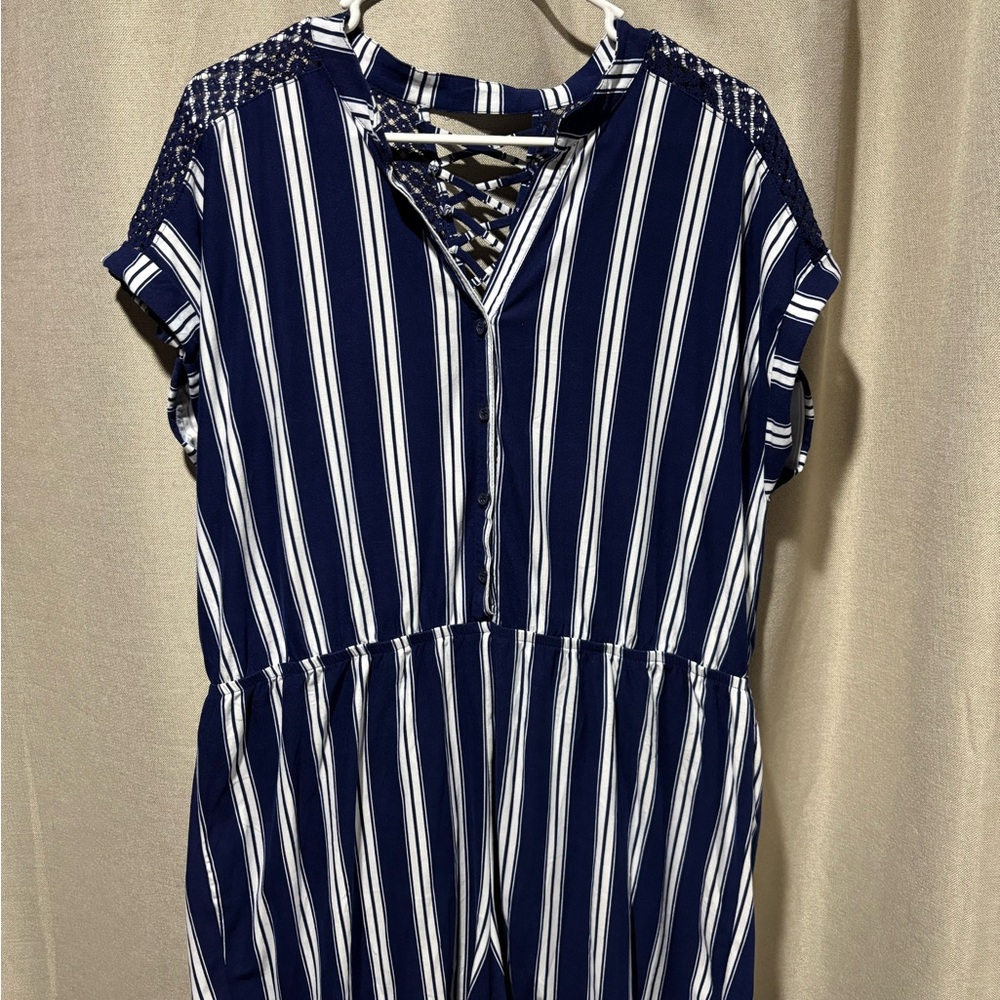 No Boundaries Navy and White Striped Women’s Romper